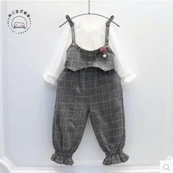 

2017 Baby Girl Clothing Set White Shirt + Plaid Overalls Pants Suit, Children Girls Pant Suits Fashion Costume