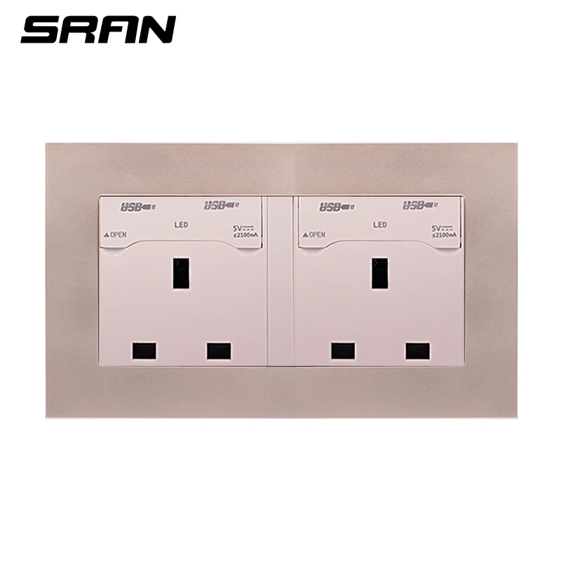 SRAN 146 UK Standard Double Wall Socket with 4 USB Charge Port For Mobile Output 5V 2100mA Flame retardant PC Panel