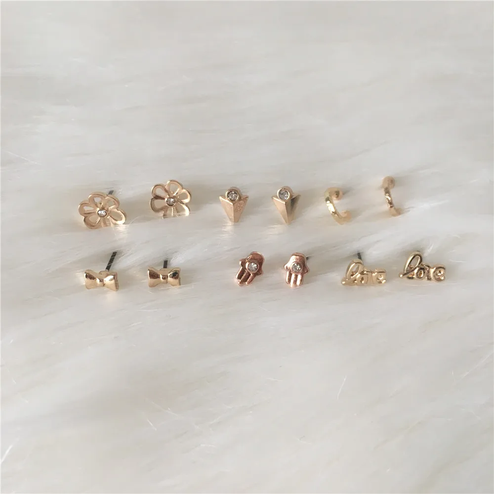 

LOVELY EARRINGS SET GOLD COLOR PLATING SMALL RIBBON LOVE LETTER FLOWER HAND 6 PAIR STUD EARRINGS SET FOR WOMEN GIRL