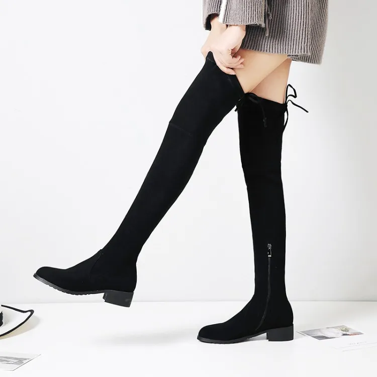 

Big Size 9 10 11 12 Butterfly-knot thick-heeled boots with round head and pure salad zipper