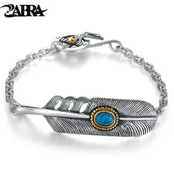 ZABRA 925 пробы серебро модный камень циркон браслет с перьями браслет Для мужчин Для женщин Винтаж панк-рок ручной работы Для мужчин s