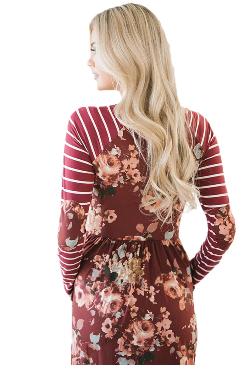Burgundy-Floral-Stripe-Long-Sleeve-Side-Pocket-Boho-Dress-LC610339-3-2
