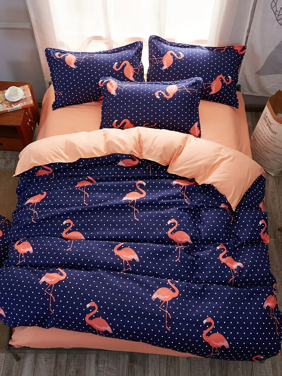 

4Pcs Duvet Covers Set Simple Design Flamingo Supple Washable Bed Cover Set
