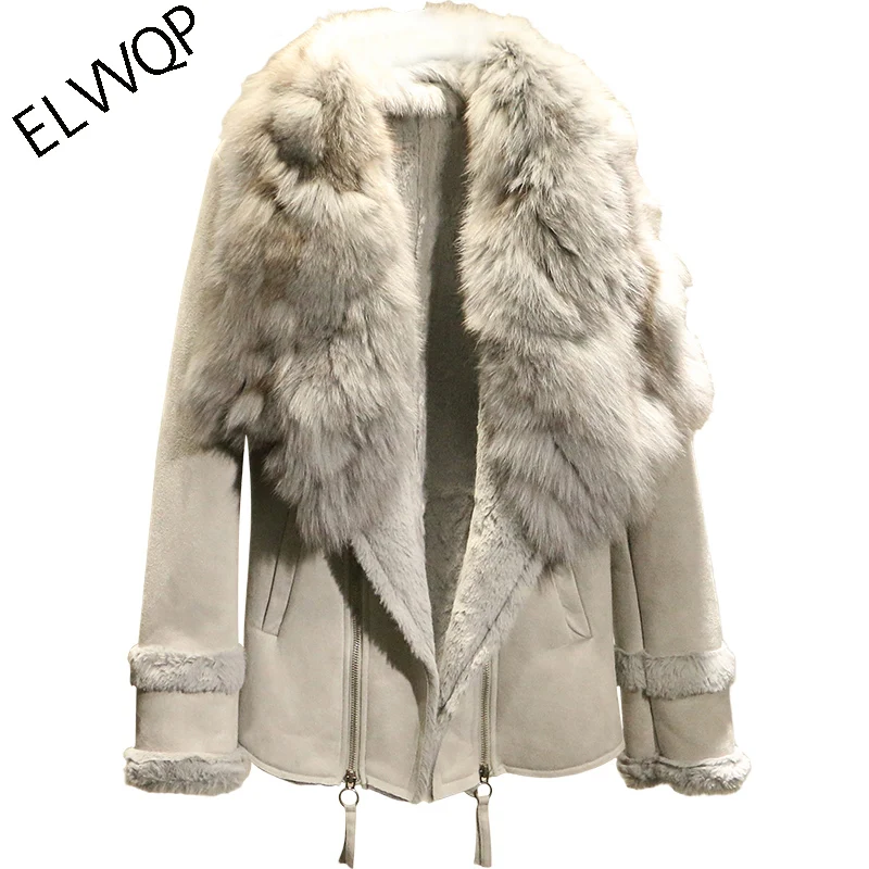 High quality 2018 New Autumn Winter Suede Leather Jacket Women Long sleeve Jacket Thick Real fox fur collar Warm Coat LF857