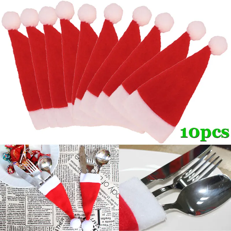 

10 Pcs/Set Christmas Hat Cutlery Bag Candy Gift Bags Cute Pocket Fork Cutter Holder Table Dinner Decoration JS23