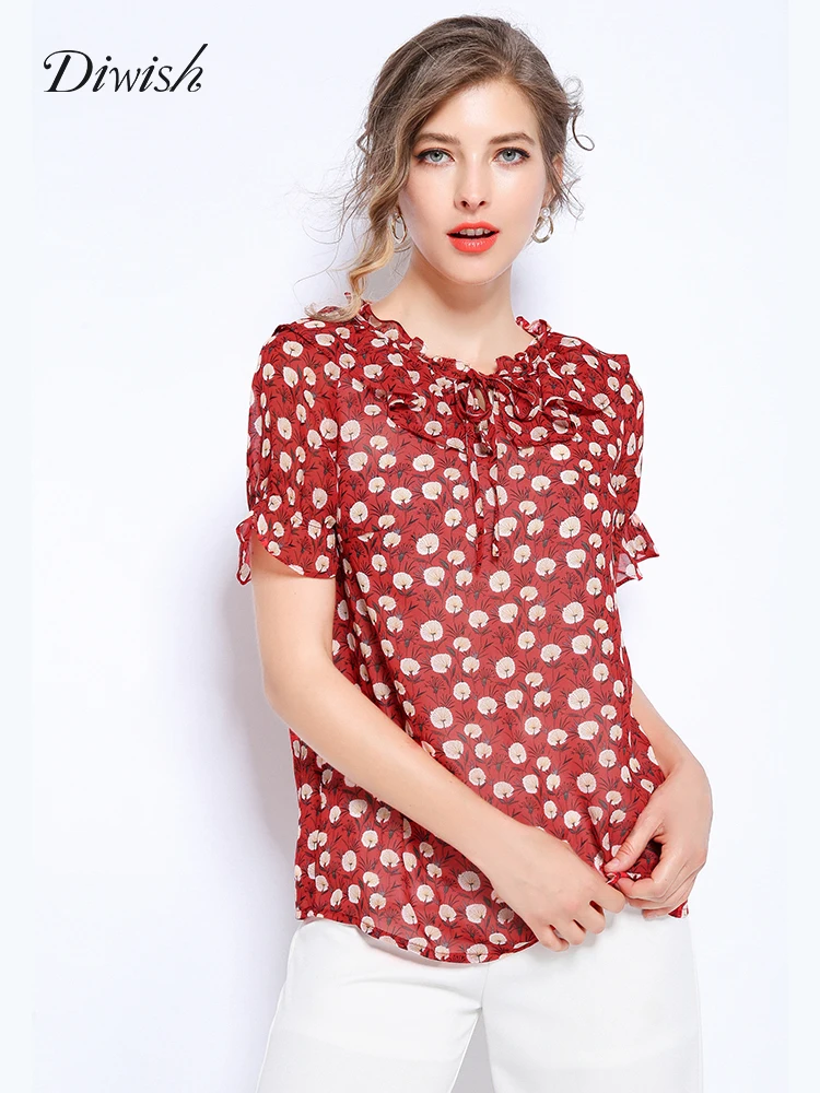 

Diwish Women Chiffon Plus Size Red Blouse 2019 Summer 5XL Korean Style Short-Sleeved Sweet Floral Print Vintage Ruffles Top