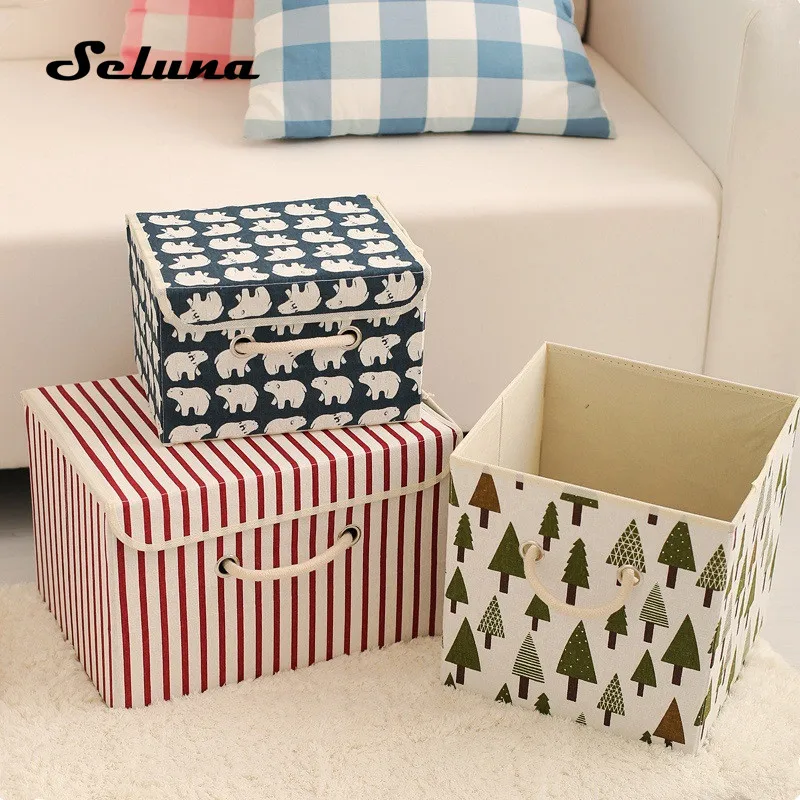 

Seluna 3pcs Foldable Cotton Storage Boxes with Lid Waterproof Canvas Linen Bins Laundry Box Toy Clothes Storage Basket Organizer
