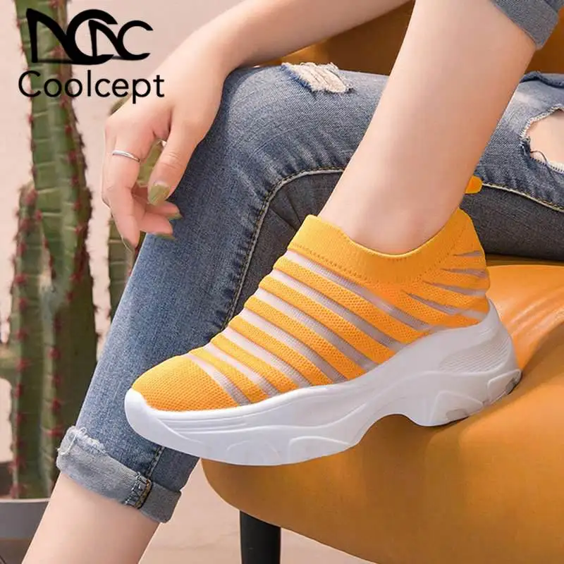 

Coolcept Women Sneaker Breathable Knitting Shoes Women Fashion Stripe Thick Bottom Vulcanized Platform Footwear Size 35-39
