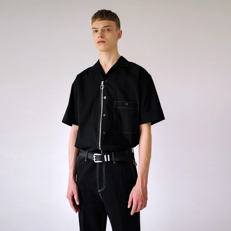 S-5XL! 2019 Мужская рубашка с коротким рукавом на молнии модный трендовый Молодежный классический отворот