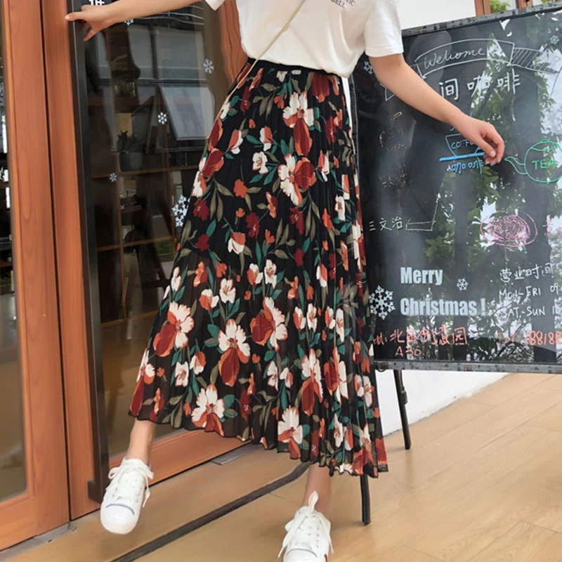 

FMFSSOM New Summer Women Chiffon Floral Print Mid-length Pleated Skirt Female Elastic High Waist Floral Mid-calf Fairy Skirt