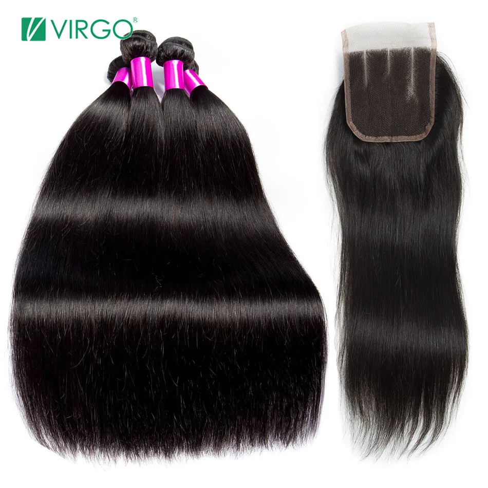 Indian Straight Hair 3 Bundles With Closure Human Hair Bundles With Lace Closure 4 Bundles/lot Virgo Hair Non Remy Hair