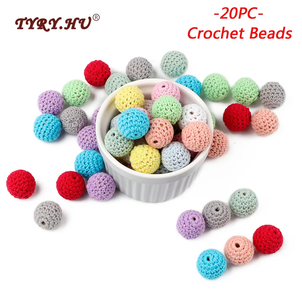 

TYRY.HU 20pc Handmade Crochet Wooden Beads Colorful 20mm ball Baby Can Chew DIY Nursing Jewelry Organic Teething Bracelet beads