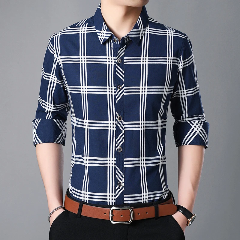 Fashion Brand Shirt Men's Plaid Slim Fit Street Wear Long Sleeve Checkered Button Up Dress Shirts Casual Mens Clothing