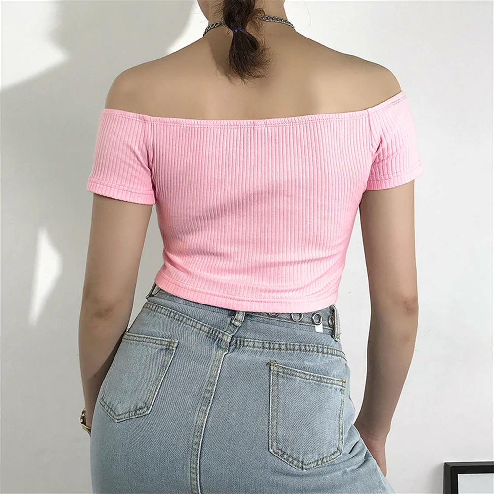 Women Short Sleeve Crop Top Fashion Ladies Summer Casual Off Shoulder Tops Button Shirt Cami Top Pink