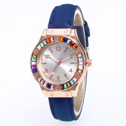Лучший бренд класса люкс для женщин кожа часы модные повседневное женский Reloj цветной кожаный браслет с алмазами кварцевые наручные часы gif
