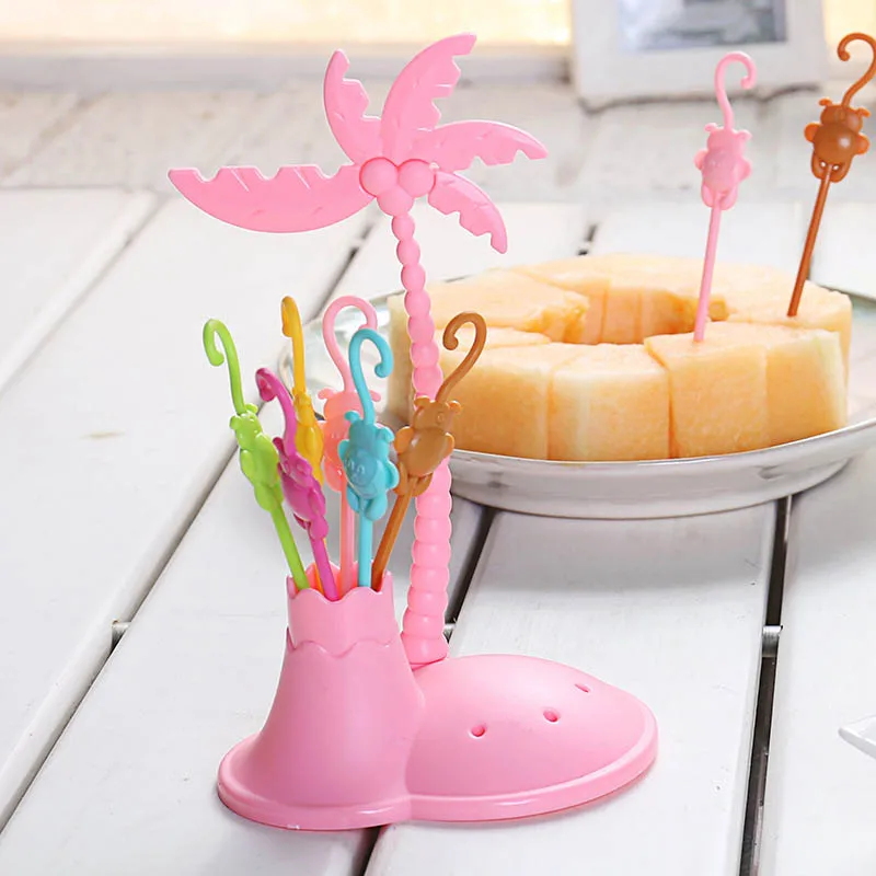 FHEAL Cute Coconut Tree Monkeys Creative Fruit Fork Set Plastic Fruit Forks Vegetable Fruit Dessert Fork Set Toothpick Holder (11)