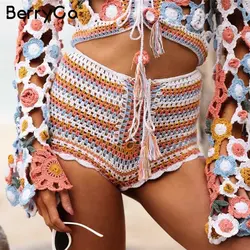 BerryGo пикантные для женщин шорты для трикотажные пляжные шорты с кисточками выдалбливают Полосатый ручной работы крючком днище