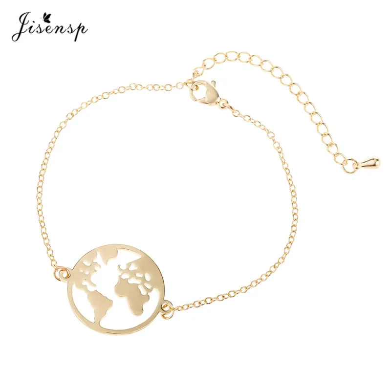 Jisensp простая карта мира Земли очаровательные браслеты для женщин ювелирные изделия в стиле "Бохо" из нержавеющей стали звено цепи браслет pulseras mujer - Окраска металла: gold bracelet