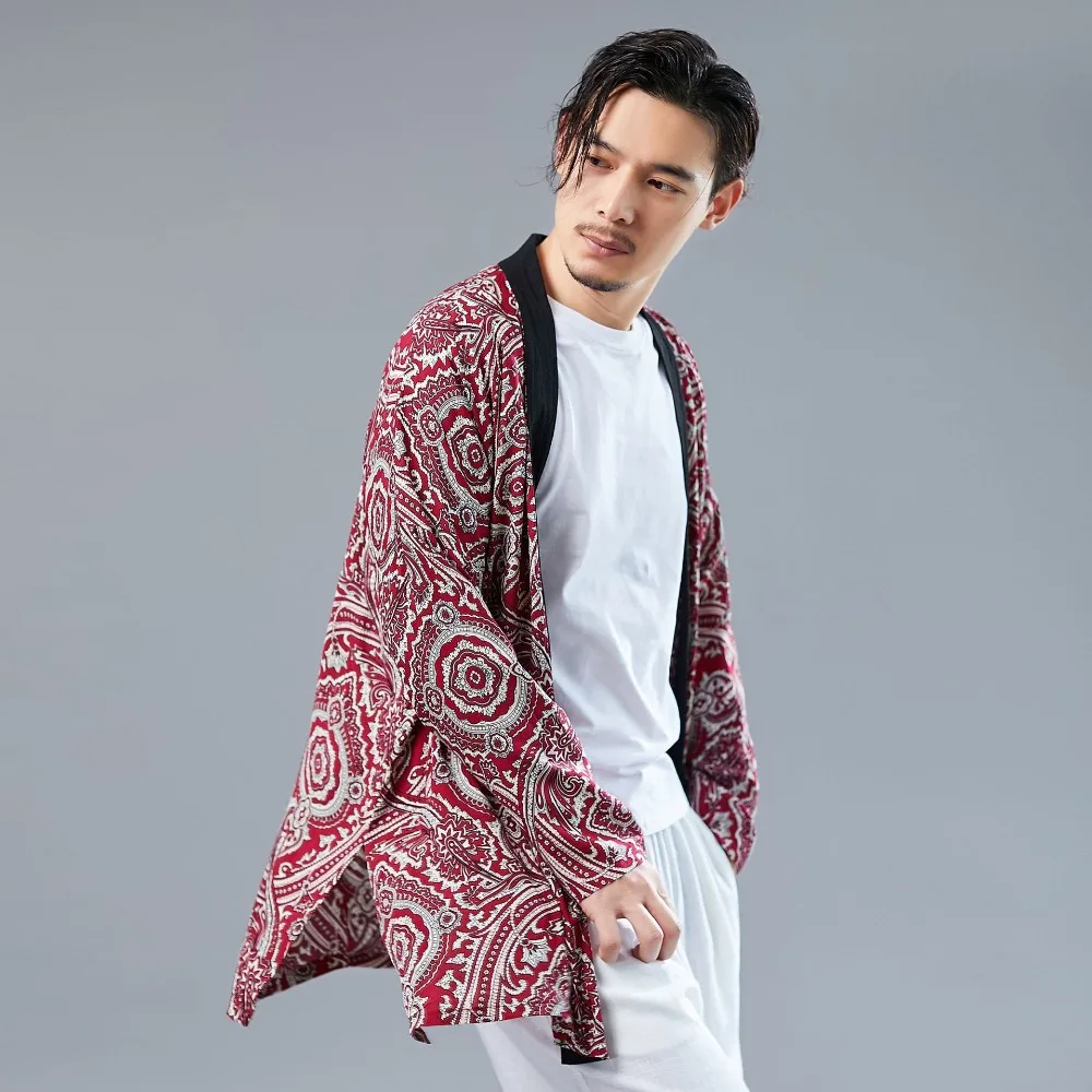LZJN Long Sleeve Shirt Mens Summer Kimono Cardigan Casual Cotton Hanfu Contrast Color Blouse Male Open Front Trenchcoat (4)