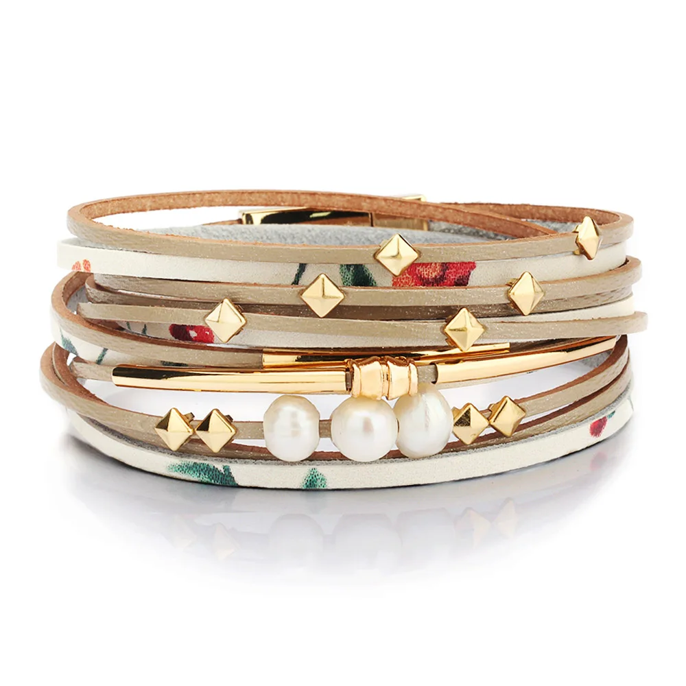 ZG женские браслеты, кожаные роскошные ювелирные изделия для женщин с 3 пресноводными жемчужинами и медной трубкой золотого цвета - Окраска металла: khaki