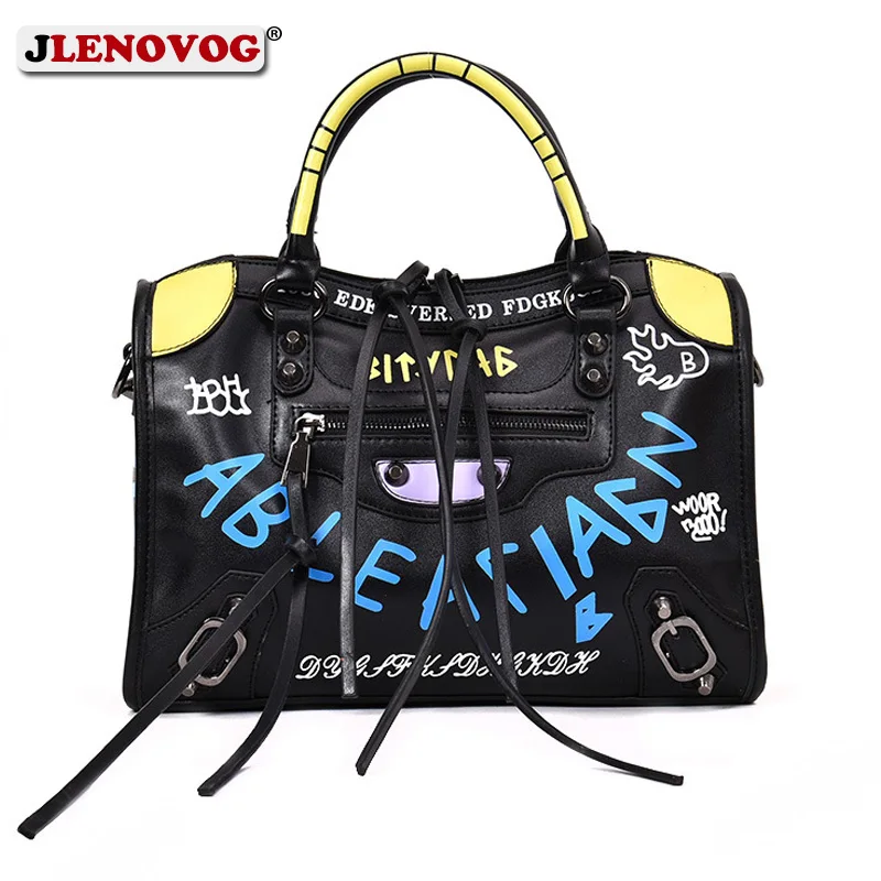

Female Tote Herald Fashion Women Leather Handbags Designer Medium Motorcycle Graffiti Black Letter Print Crossbody Shoulder Bag