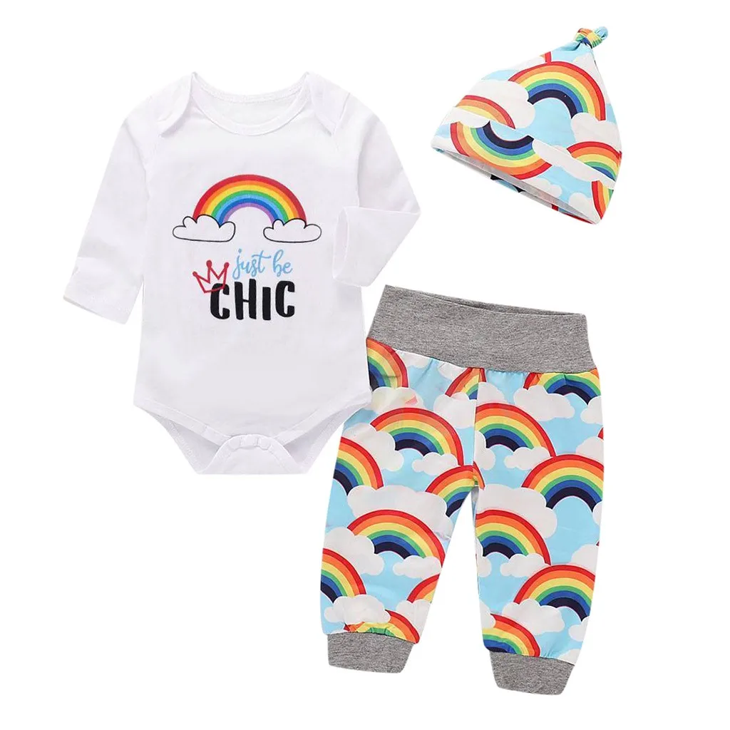 

2019 Summer Baby Cotton 3pcs Toddler Boy Clothes Newborn Baby Letter Cartoon Rainbow Romper+Pants+Hat Set Outfit Dropshipping