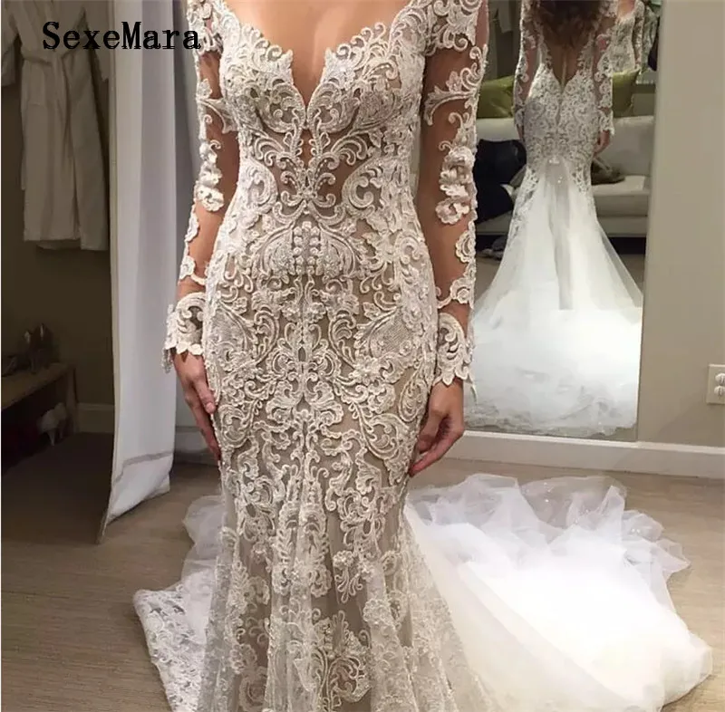 

Sexy Mermaid White/Ivory Wedding Dress Lace Applique Beads V neck Backless Bridal Wedding Gown Long Sleeve Custom Size