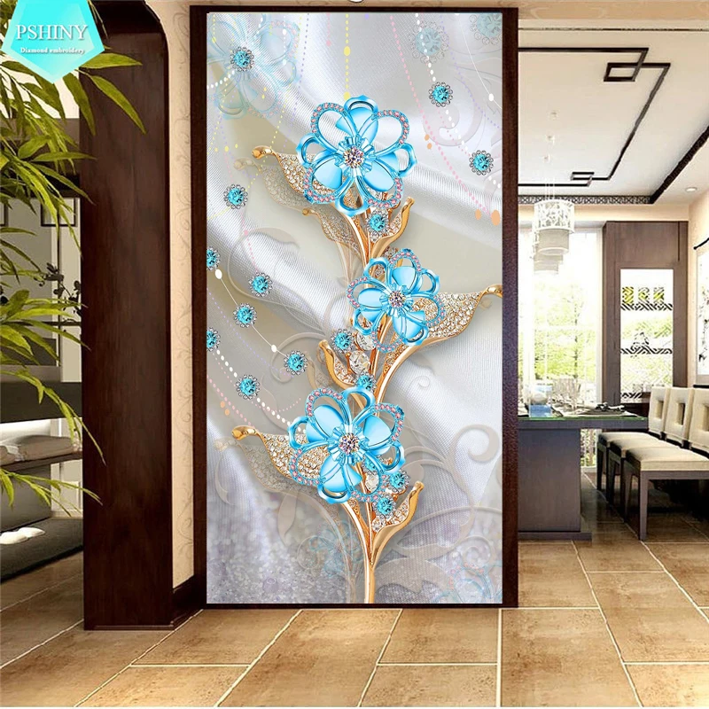 

PSHINY 5D DIY Diamond embroidery blue crystal flowers Picture mosaic diamond painting full square rhinestone new Year decoration