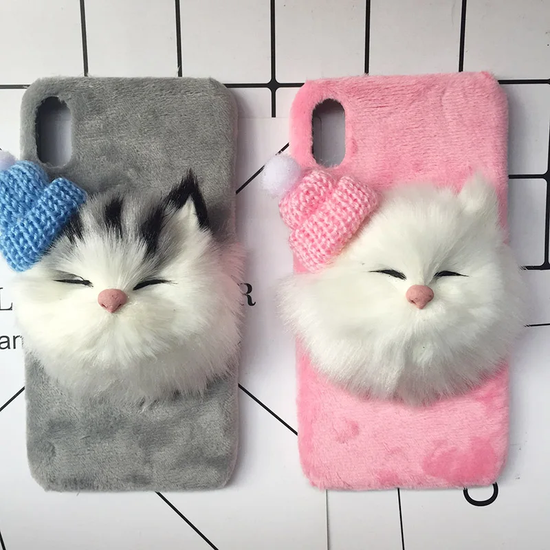 Christmas Hat Cute Cat Fluffy Fur Phone Case For iPhone X Plush Hair