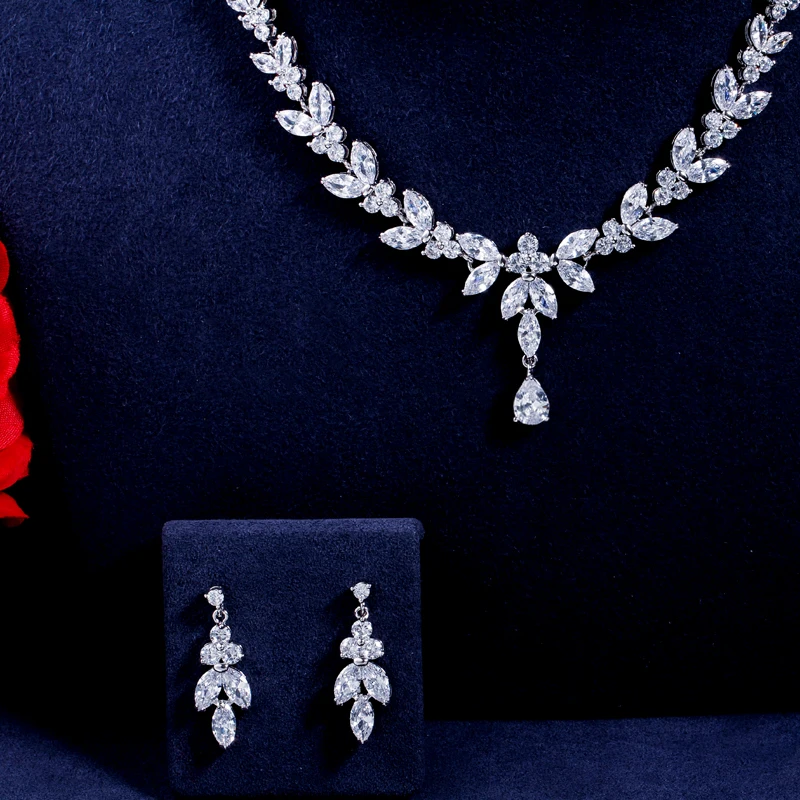 Brilliant Cubic Zircon Party Costume Necklace Earrings Wedding Bridal Jewelry Sets Dress Accessories T326