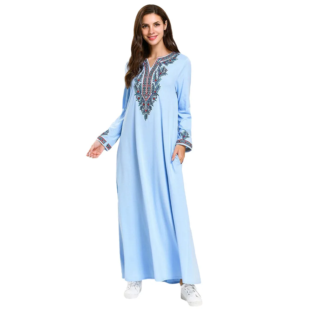 

blue muslim dresses and abaya for women Printed abaya femme long Robe Slim Dress Maxi Abaya Kaftan Islamic Clothing#G9+1
