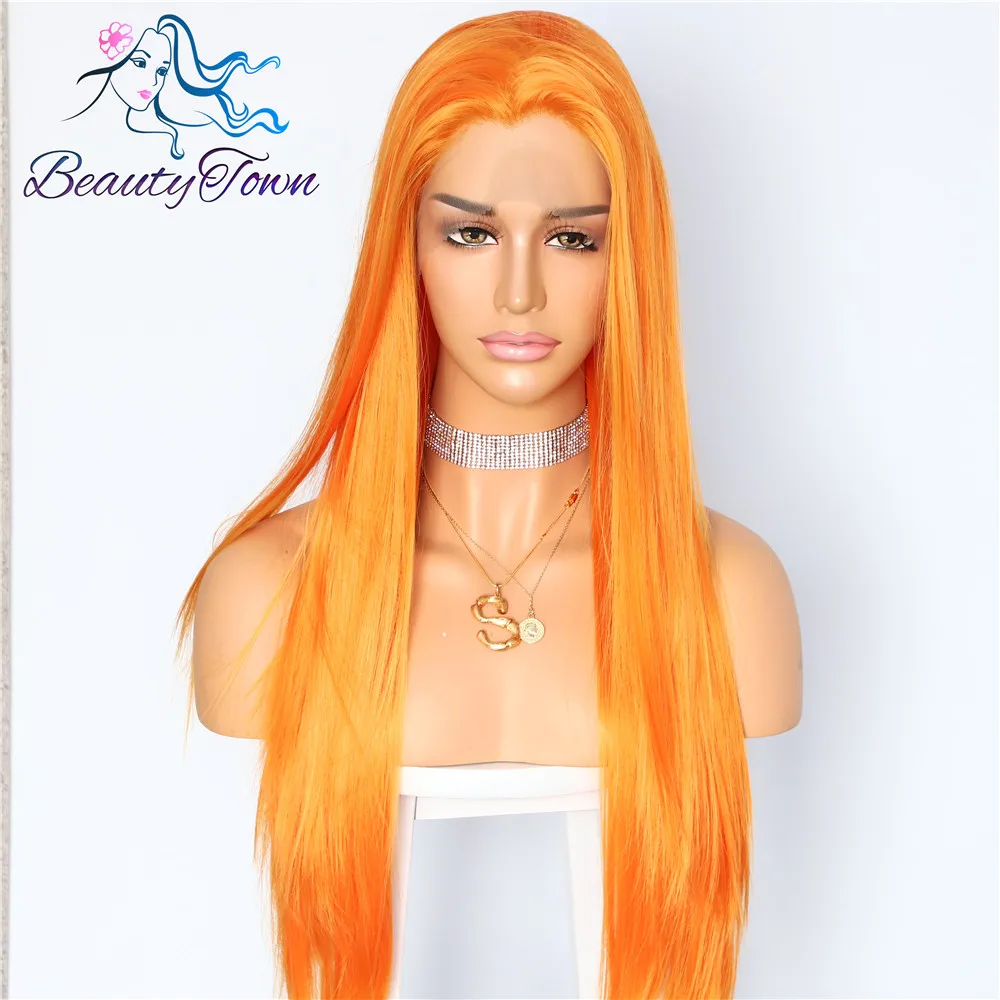 BeautyTown HandTied White Orange Red 1B Heat Resistant Straight Cosplay Celebrity Girl Wedding Party Synthetic Lace Front Wig