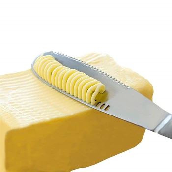 

Butter Spreader Knife Thick Stainless Steel Silver Chef Knifes 3 in 1 Spreader Slicer and Butter Curler Knives Serrated Edge 8''
