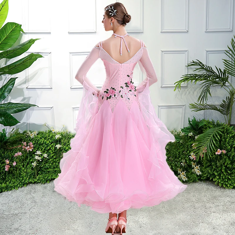 Women V-back Pink Ballroom Dress Standard Plus Size Ballroom Dance Costume Viennese Waltz Dress Foxtrot Dance Wear Quickstep