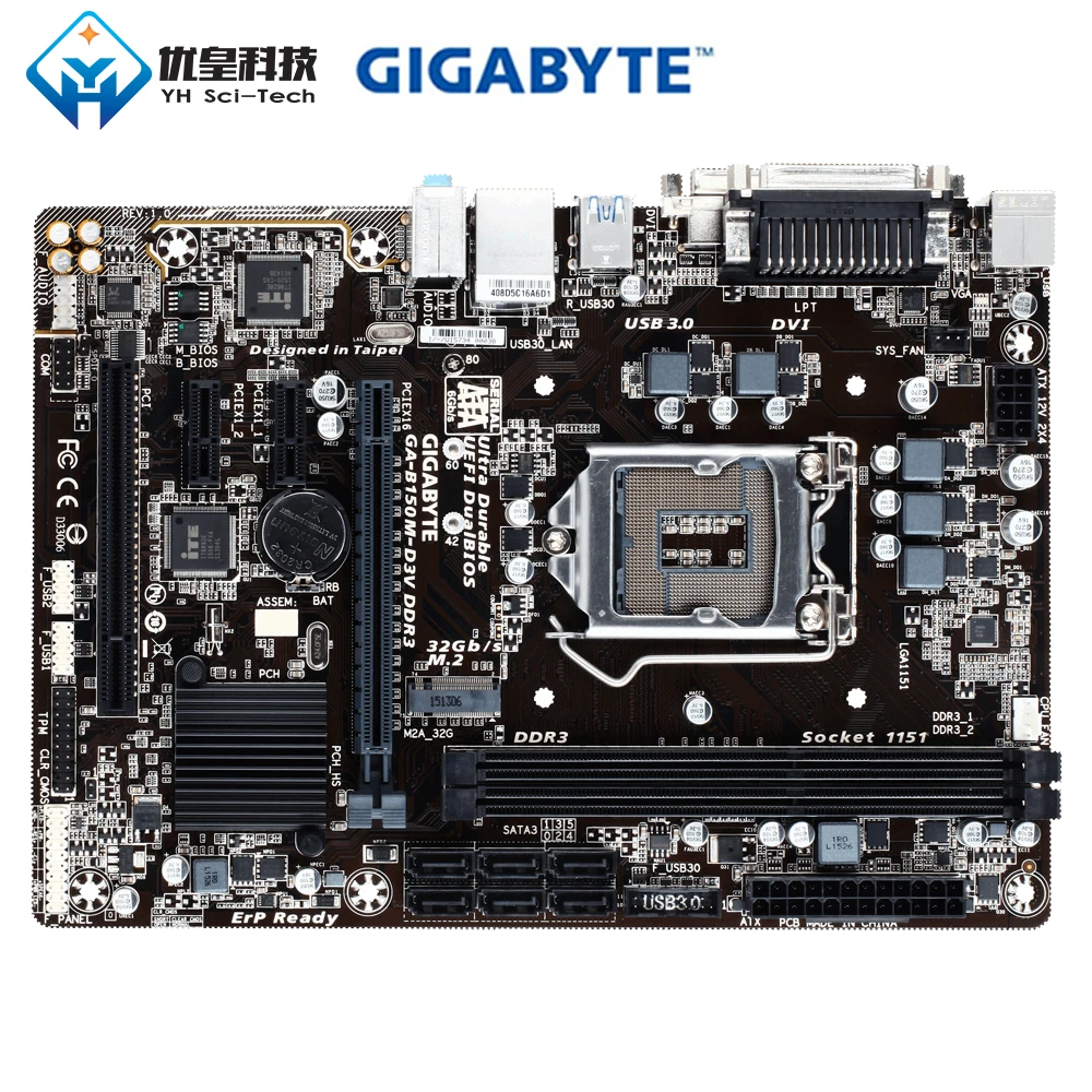 

Original Used Desktop Motherboard Gigabyte GA-B150M-D3V B150 LGA 1151 i7 i5 i3 DDR3 32G SATA3 USB3.0 DVI VGA M.2 Micro-ATX