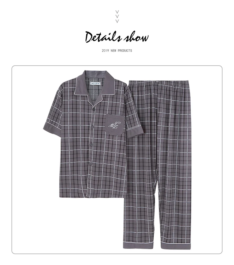 Летний вязаный хлопок с короткими рукавами, Мужская пижамы наборы мужская пижама комплекты пижама в полоску для Для мужчин пижамы костюм плюс Размеры Pijamas