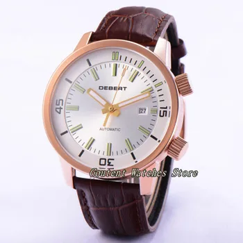 

45mm Debert Date Rose Gold Case Leather Silver Dial Automatic Men's Watch