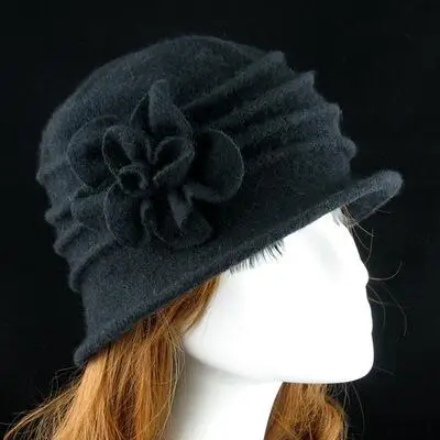 Женская купольная фетровая шляпа из шерсти, шляпы для мам на осень и зиму, одноцветная теплая флоппи-шляпа с цветочным принтом, Ретро стиль, котелок, фетровые кепки - Цвет: black