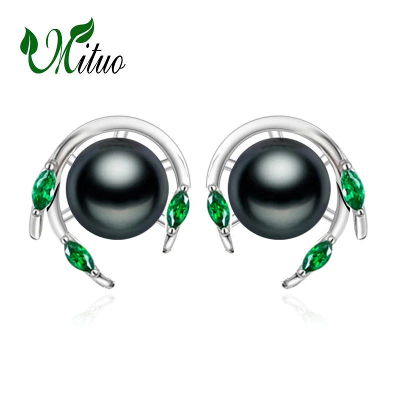 

MITUO Emerald natural pearl earrings for women green 925 sterling silver stud earrings female wedding engagement jewelry