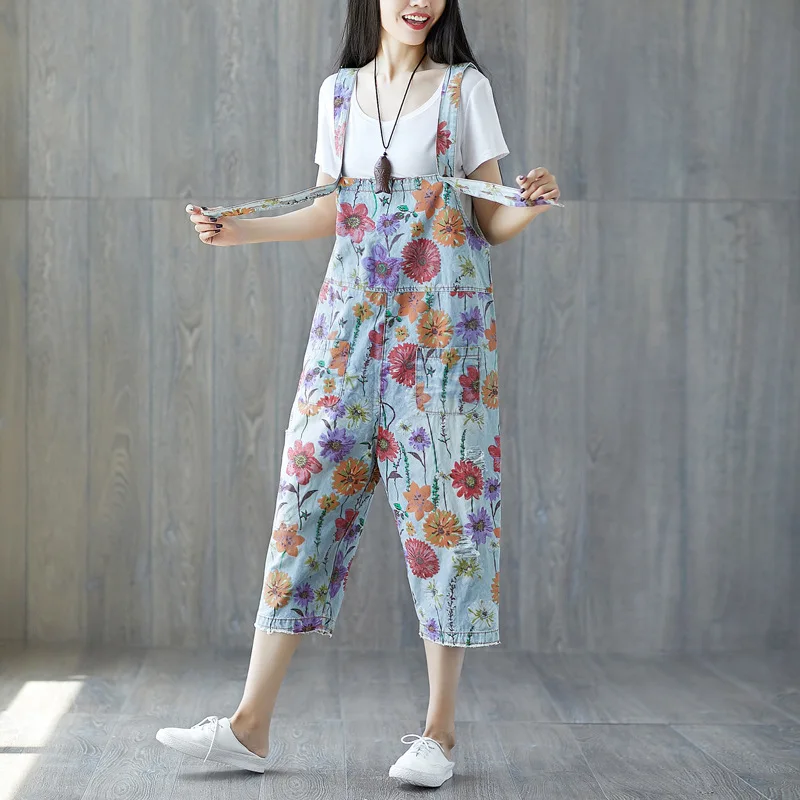 THE NLMU 2018 Loose Floral Print Denim Overalls Women Autumn Casual Plus Size Flower Pattern Ankle-Length Pants for Girl JH58 Pants