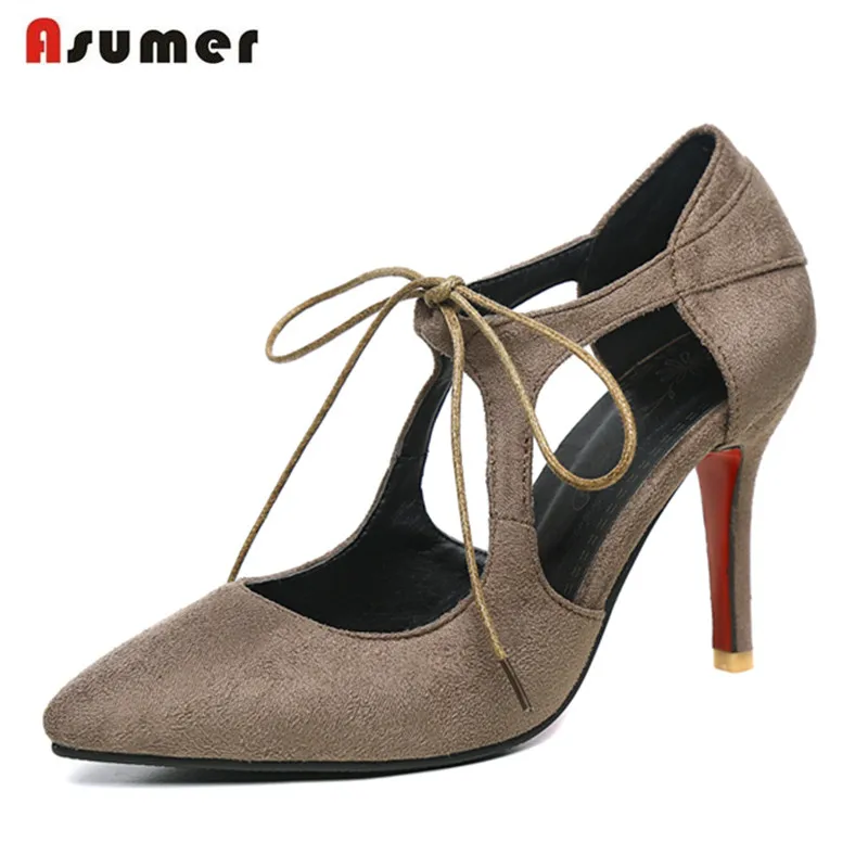 

Asumer Nubuck leather shoes woman lace-up thin high heels big size 31-48 wedding shoes summer elegant flock sandals