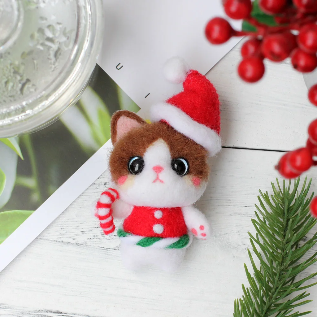 Novelty Cat Felt Craft Kit Wear Christmas Hat Animal Wool Needle Felting for Kids Children Funny Gift