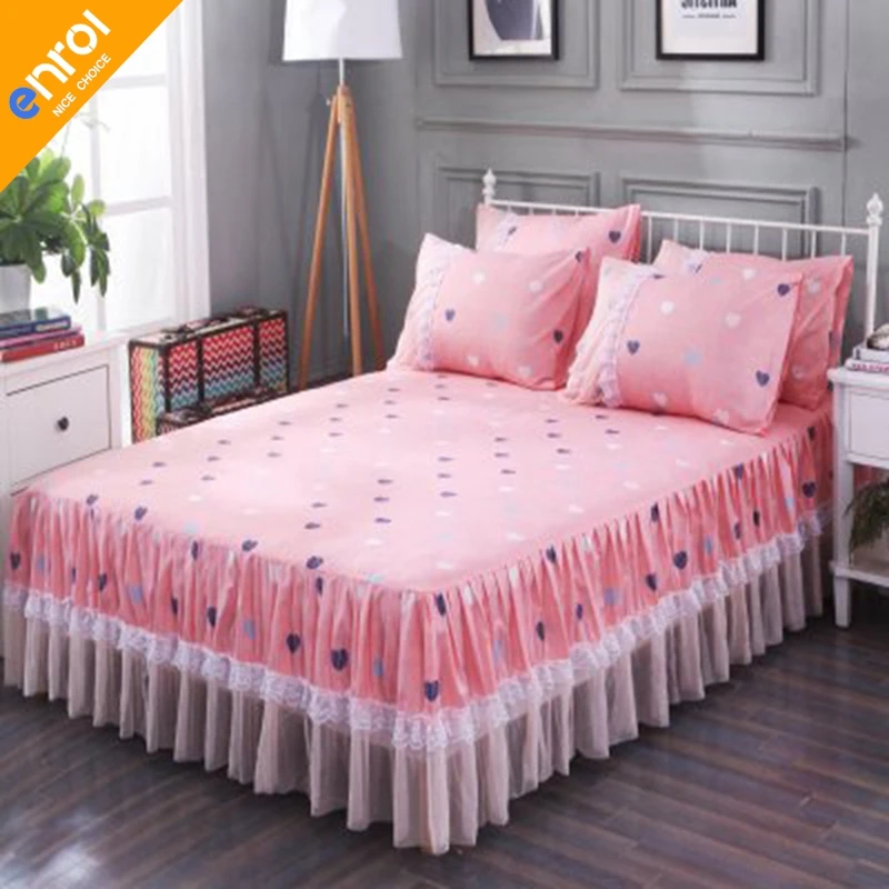 Home Use Lace Floral Printed Polyester Bed Skirt Elastic Mattress Cover