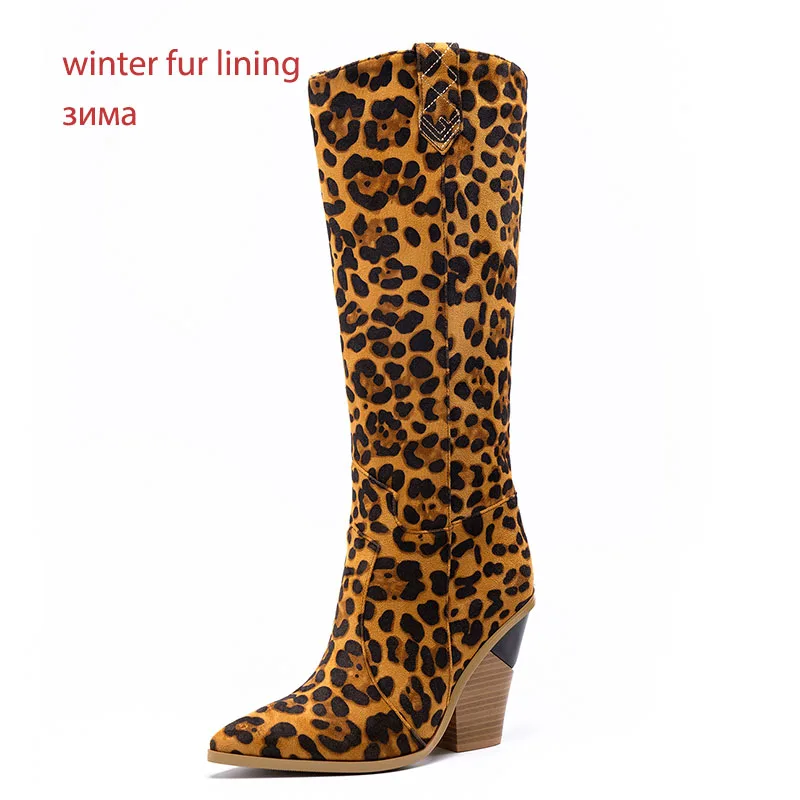 WETKISS Plus Size 46 Knee High Western Boots Women Cowboy Boot Female Pointed Toe Sexy Shoes 11 Colors High Heels Shoes Winter - Цвет: Leopard thick fur