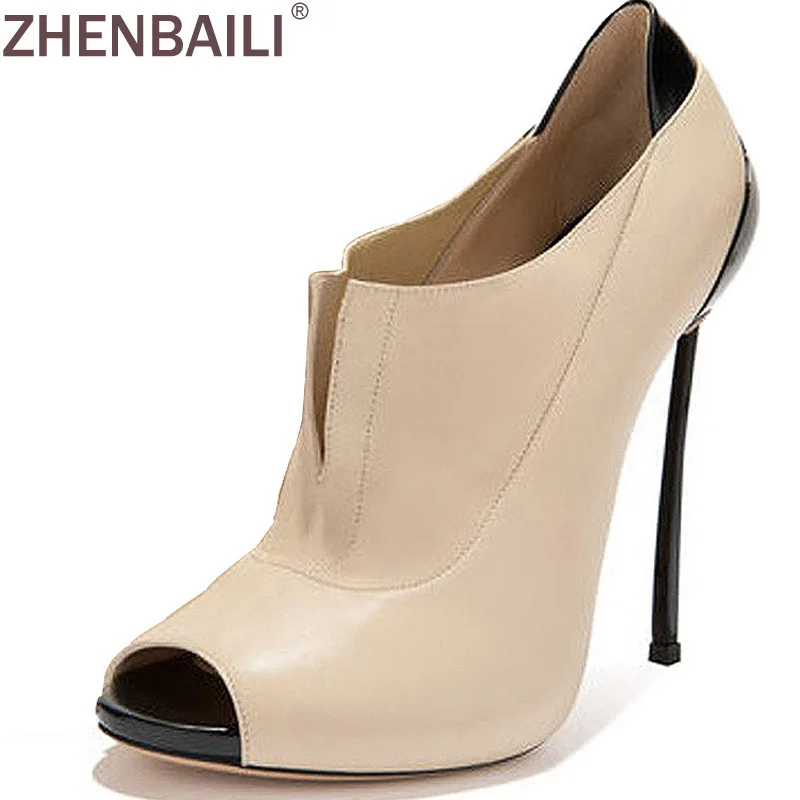 

ZHENBAILI 12CM Women Pumps Spring Autumn Fashion Thin Heel Peep Toe Work Shoes PU Patchwork Super High Heel Slip-On Shoes
