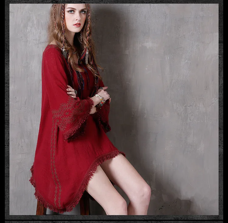 Boho Стиль осень г. Винтаж хлопок белье Для женщин Платья для женщин кисточкой подол свободные большие размеры Асимметричный красный Платья для женщин Vestidos