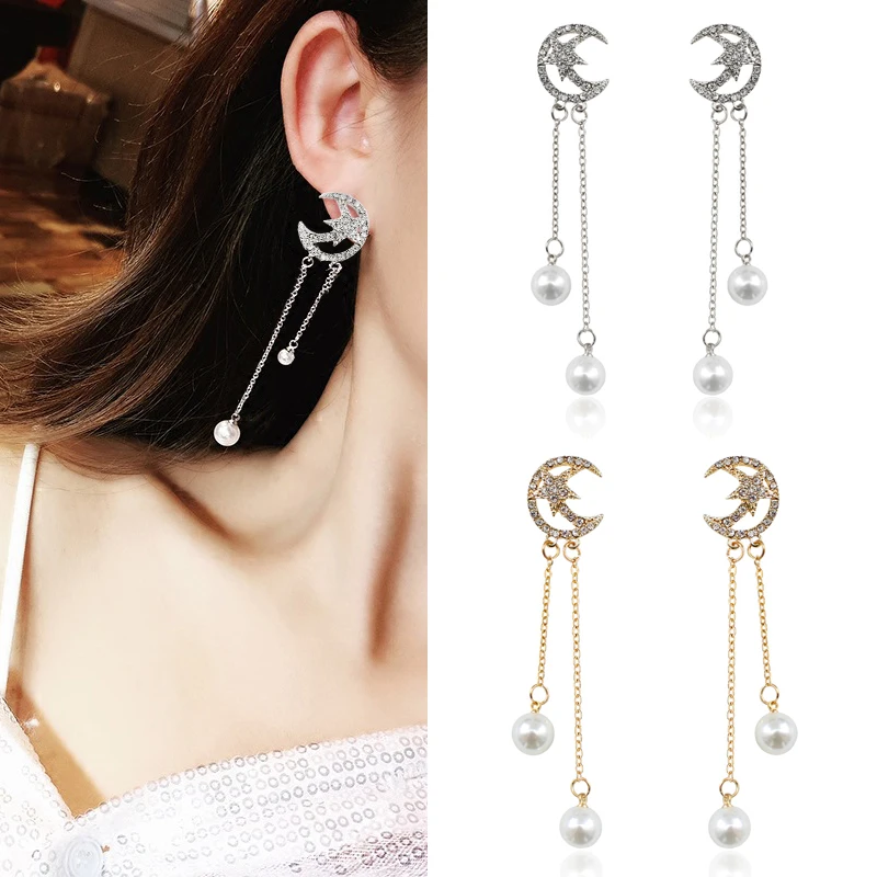 

Exquisite Moon Crystal Star Earrings Pearl Tassel Sling Beads Female Earrings Wedding Party Korean Jewelry Goddess Festival Gift