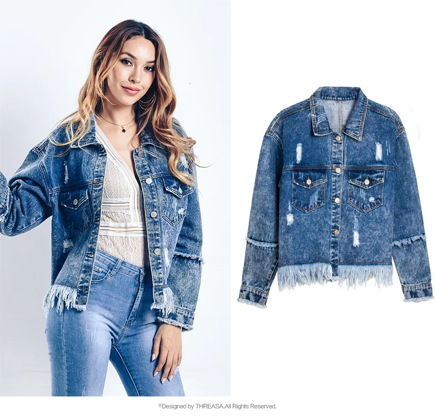 

Lguc.H Fashion Denim Jacket Woman 2019 Ripped Jeans Jacket Women Vintage Washed Jean Jacket Female Streetwear Unique Tassels XXL