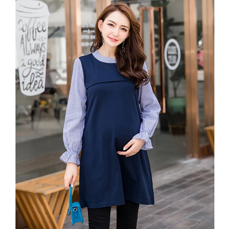 

Envsoll Long Sleeve Maternity Top Stand Collar Fake Two Pieces Striped Breastfeeding Maternity Dress Clothes for Pregnant Women