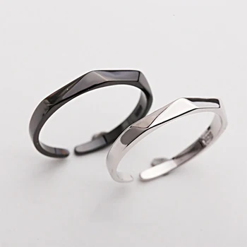 

925 Sterling Silver Black And White Couple Rings For Women Men Lovers Student Finger Ring Smooth Matte Adjustable Korean Jewelry